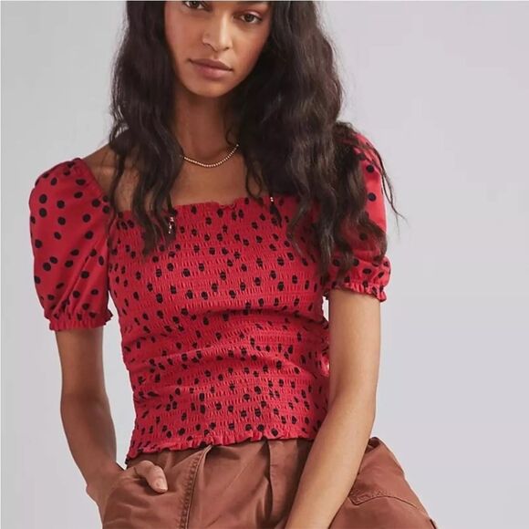 dolan Tops - Anthropologie Dolan Polka Dot Smocked Puff-Sleeved Top - Size Medium
